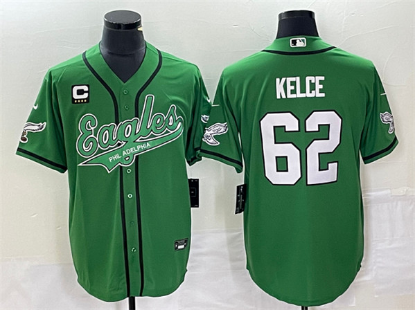 Men's Philadelphia Eagles #62 Jason Kelce Green With C Patch Cool Base Stitched Baseball Jersey